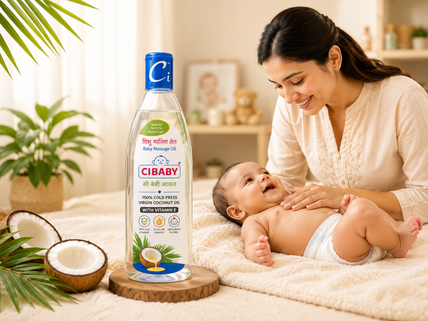 Mother massaging baby with CI Baby coconut oil